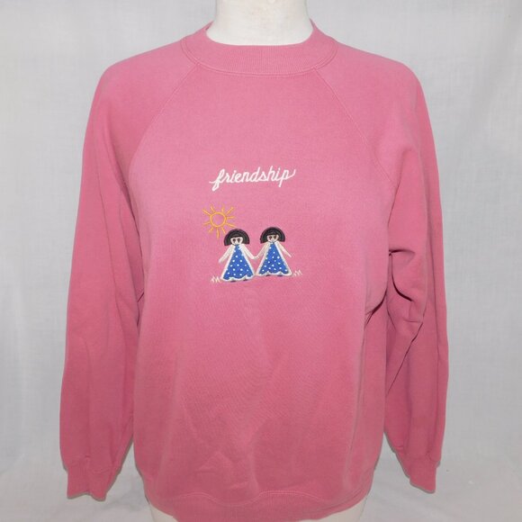 Vintage Womens XL Dusty Rose / Pink Girls Friendship Embroidered Sweatshirt - Picture 9 of 9